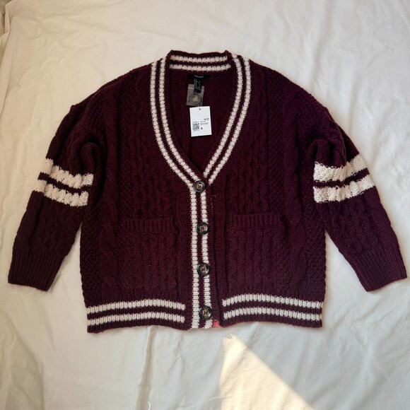 Maroon Cable‑Knit Varsity Cardigan – Size S (Oversized Fit) NWT - Picture 4 of 7